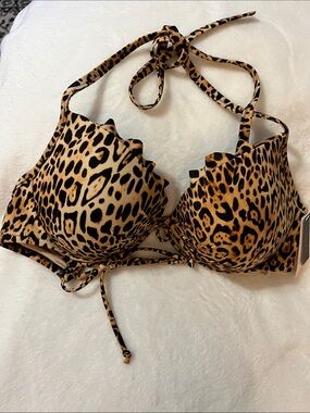 Victoria Secret Leopard Print Scalloped Push-Up  swim top 36 D